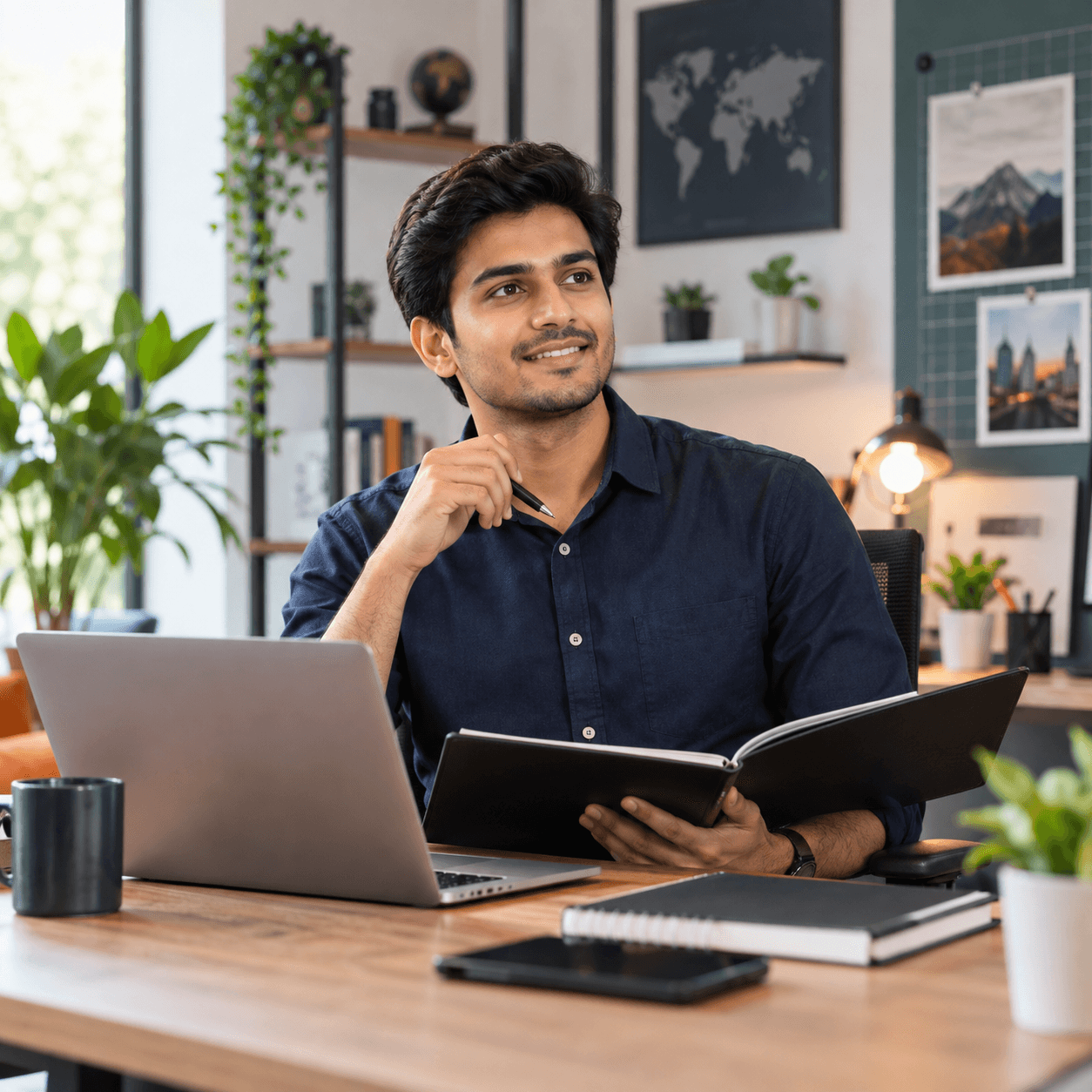 Technology professional preparing for job opportunities with a laptop and portfolio